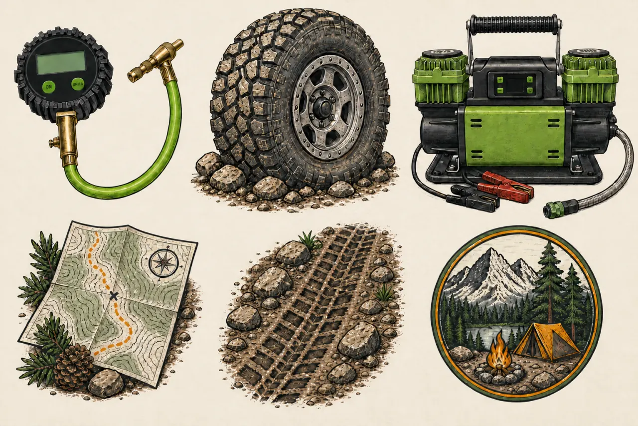 Editorial line-art study of generic tire-pressure and air-system equipment