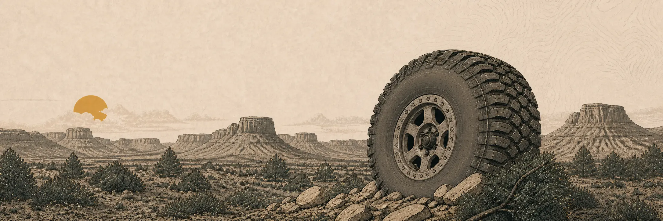 Wide editorial illustration of a tall-sidewall off-road tire mounted on a wheel in a desert landscape